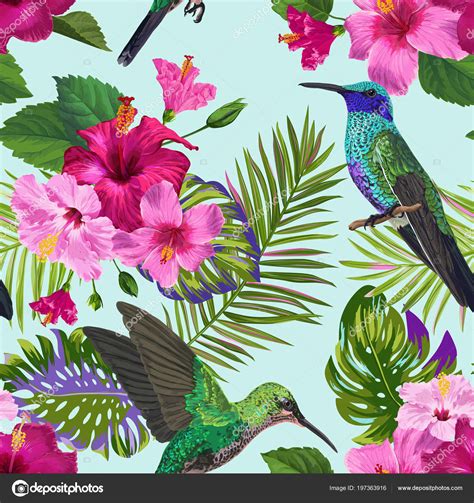 Tropical Seamless Pattern With Hummingbirds Exotic Hibiskus Flowers