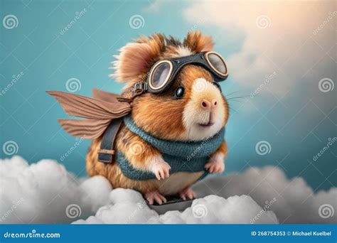 Cute Funny Illustration Of Flying Guinea Pig In Fantasy World With