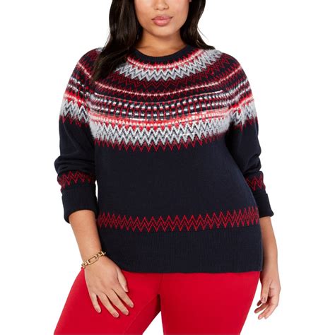 Tommy Hilfiger Tommy Hilfiger Womens Navy Sequin Fair Isle Long Sleeve Crew Neck Sweater Plus