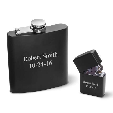 Personalized Black Matte 6oz Flask And Lighter T Set Famous Favors