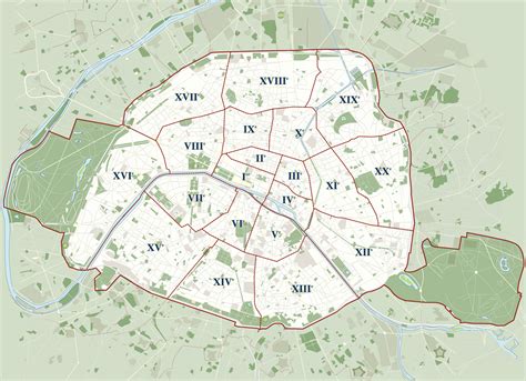 Map of Paris 20 boroughs (arrondissements) & districts