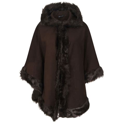 Ladies Faux Fur Hooded Poncho Cape Winter Warm Trim Hooded Celeb Coat 8 16