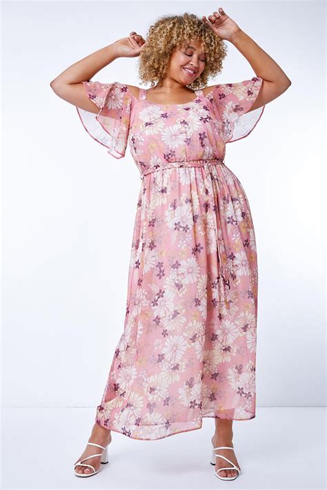 Curve Floral Print Cold Shoulder Maxi Dress In Pink Roman Originals Uk