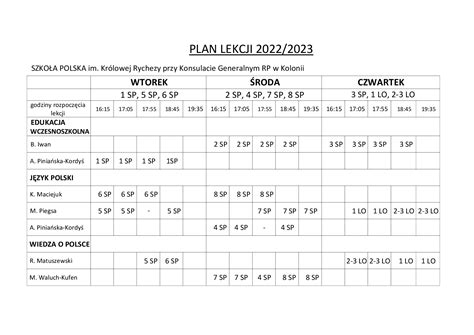 Plan lekcji 2022 2023 Szkoła Polska im Królowej Rychezy przy
