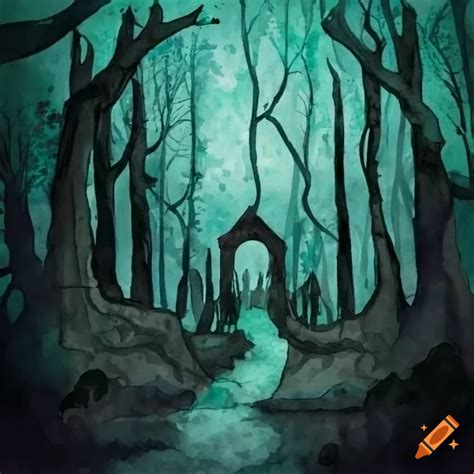 Mysterious And Eerie Forest With Woman Melting Into Bed And Clock Sky