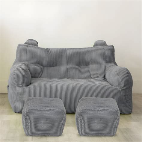 Large Corduroy Bean Bag Chair and Ottoman Set with Removable Cover and Zipper Closure - Bean Bag ...