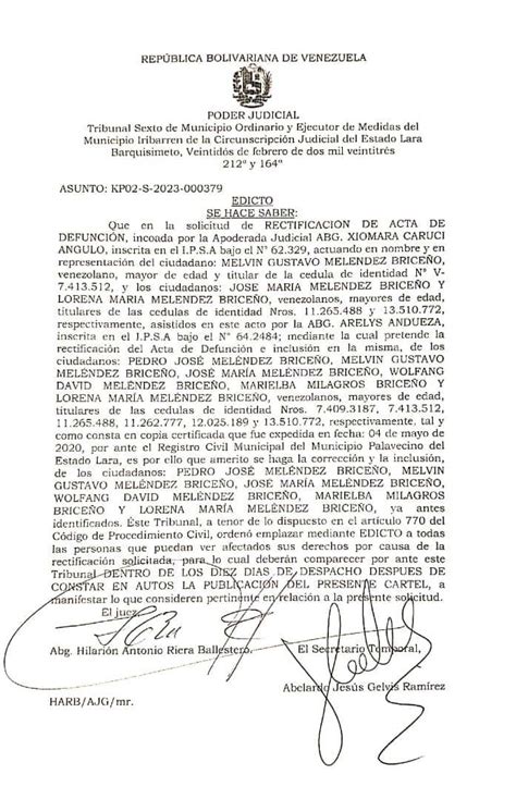 Edicto Se Hace Saber En La Solicitud De RECTIFICACION DE ACTA DE