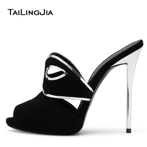 Women Sexy Peep Toe Mask Mules Black Faux Suede High Heel Sandals Slim