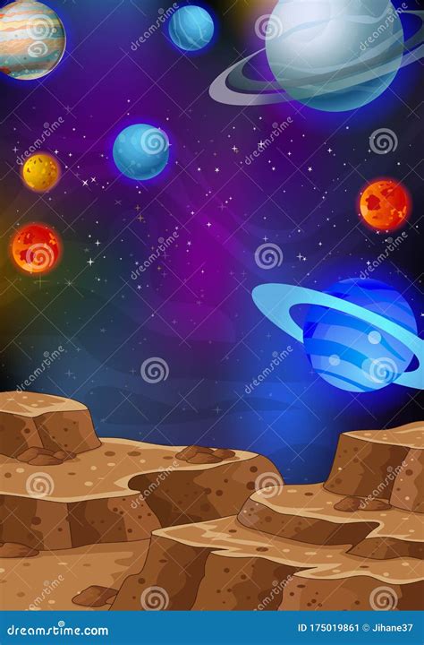 Beautiful Solar System Milky Way Galaxy View From Mars Surface Cartoon