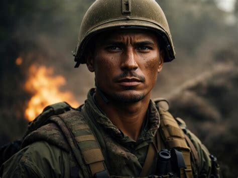 Premium Photo A Man In A Military Uniform Standing In Front Of A Fire