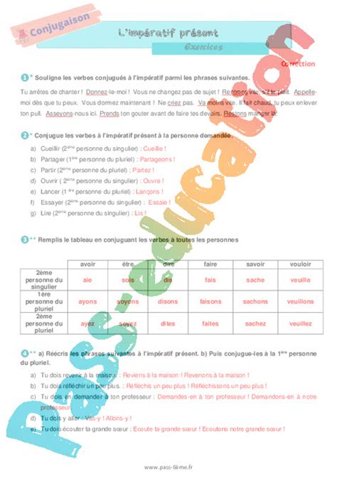 Limpératif présent Exercices de conjugaison pour la 6ème PDF à