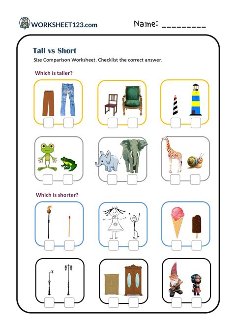 Tall Vs Short Worksheets Size Comparison Worksheets For Kindergarten