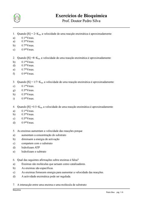 Bq I Exerc Cios Professor Doutor Pedro Silva Bioqu Mica Uc Studocu