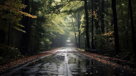 Premium AI Image | Road in the autumn rainy forest