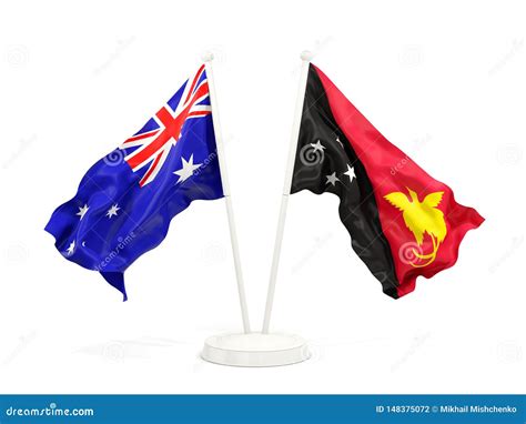 Two Waving Flags Of Australia And Papua New Guinea Isolated On White