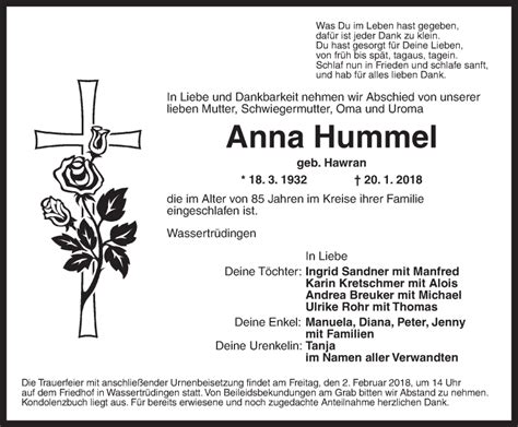 Traueranzeigen Von Anna Hummel Trauerflzde