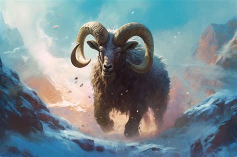 Premium AI Image | A sheep with large horns stands in a snowy landscape.