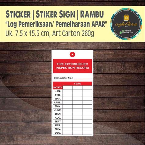 Jual Kartu Checklist Ceklis Log Pemeriksaan Pemeliharaan Apar Shopee