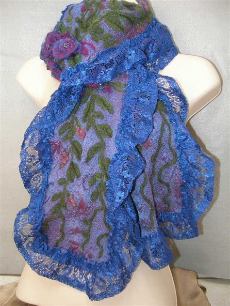 Blue Silk Scarf, Silk Scarf With Needle Felted Flowers,silk Scarf With ...