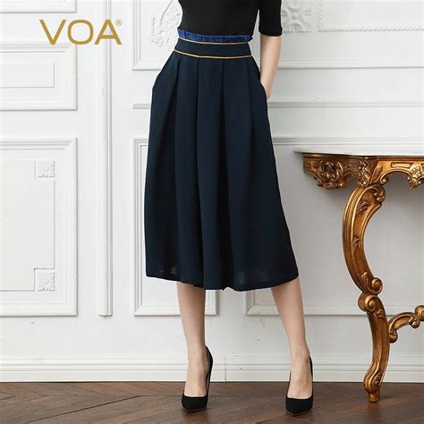 Voa Heavy Silk Plus Size Cropped Trousers Navy Blue Brief Solid Ruffle Edged Women Pants High