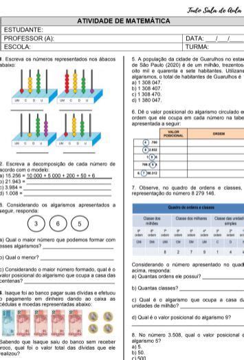 Atividade de matemÁtica para o 4º ano ou 5º ano sistema de numeraÇÃo