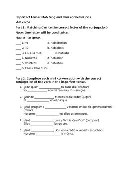 Imperfect Tense Matching And Mini Conversations By Kunal Patel TPT