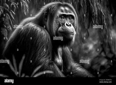 Una ilustración en blanco y negro de un orangután parado en una selva