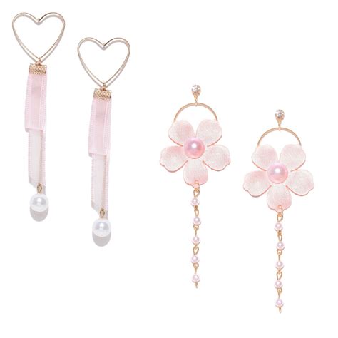 Buy Fabula Pink Ribbon Floral With Pearl Drop Earring In Gold Tone