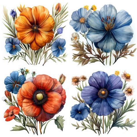 Premium Photo Set Of Watercolor Bouquets Of Flowers On A White