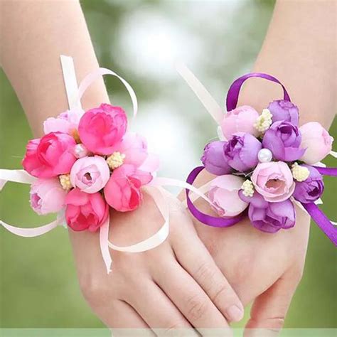 Pcs Wrist Flower Rose Silk Ribbon Bride Corsage Hand Flower Decorative