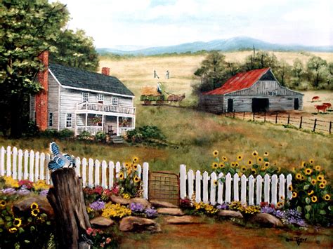 Cottage American Folk Art Landscape Summer Print Old Barn Country Painting Arie Taylor Blue Jay