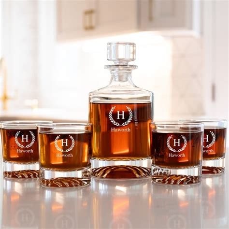 Personalized Whiskey Decanter Set Round With 4 Lowball Glasses