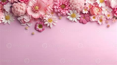 Banner with a frame of pink flowers on a pink background. Spring ...