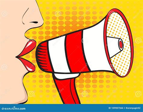 Pop Art Woman Mouth And Megaphone Speaking Vector Backgrou Stock