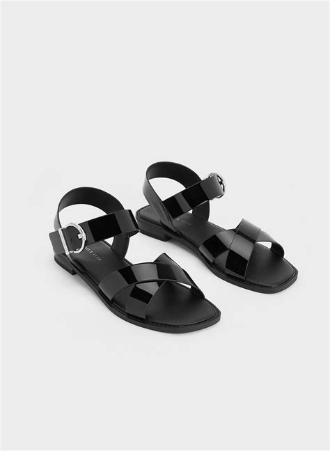 Black Patent Crossover Strap Sandals Charles And Keith Qa