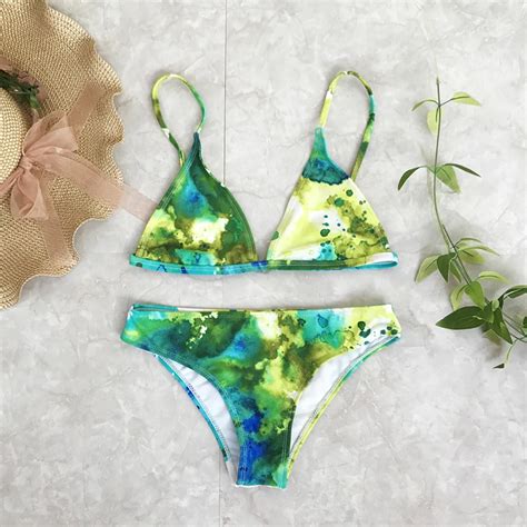 Hot Green Tie Dye Swimsuits Women Sexy Halter Bikini Chinese Ink Wash