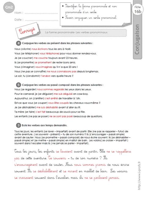 Cm Exercices Conjugaison Corrig S Les Verbes Pronominaux