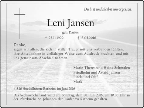 Traueranzeigen Von Leni Jansen Aachen Gedenkt