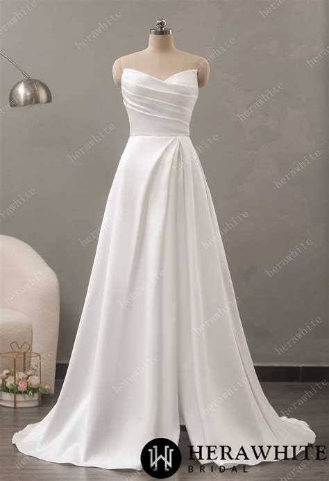 In Stock Strapless Mikado A Line Wedding Dress With Pleated Bodice