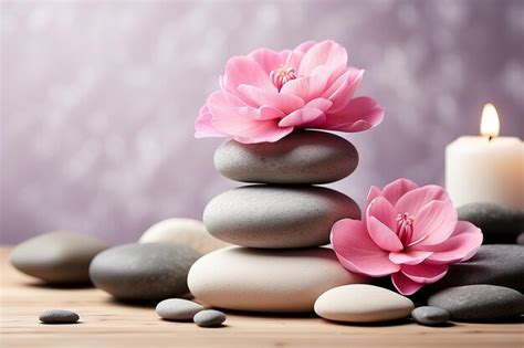 Premium Photo Stack Of Spa Massage Stones With Pink Flowers And Towels Wellness Background