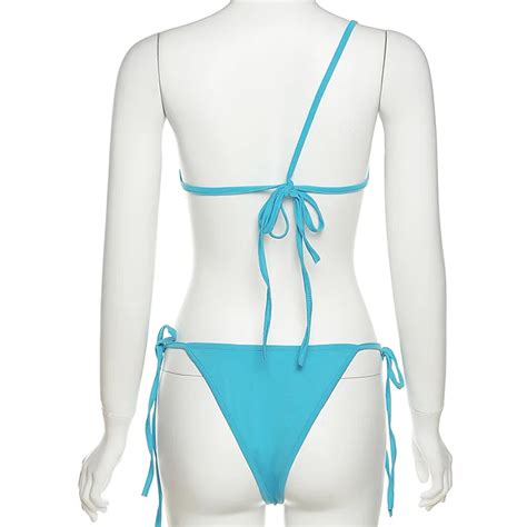 Dental Floss Bikini Sexy Hollow Mesh Swimwear One Shoulder Strap Briefs Swimsuit Set For Women