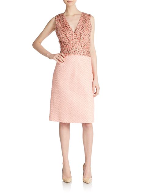 Lyst Carolina Herrera Tweed And Silk Sheath Dress In Pink