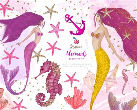 Watercolor Mermaid Clipart Seahorse Png Under The Sea Hand Etsy