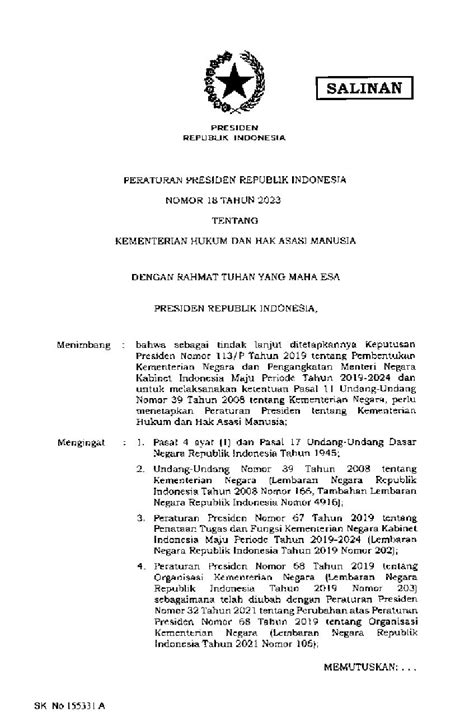 Peraturan Presiden No 18 Tahun 2023 Tentang Kementerian Hukum Dan Hak