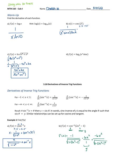 3 10 Derivatives Of Inverse Trig Functions MTH 150 Calc I Name