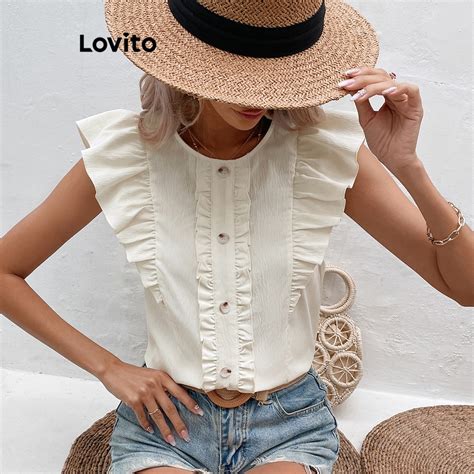 Lovito Blusa Casual Babados E Botões Lisos Para Mulheres LNL37025