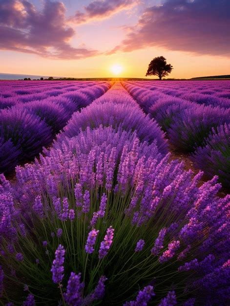 Premium AI Image | Purple lavender fields with a tree in the background.