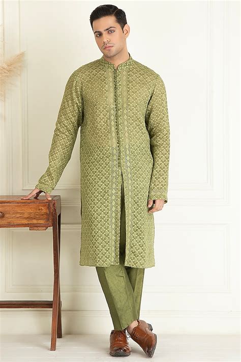 Buy Priyanka Jain Men Dark Olive Green Silk Embroidered Sherwani Set At