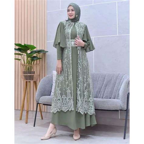 Jual Dress Outer Brukat Pesta Terbaru 2024 Green Sage Gamis Clarisa By