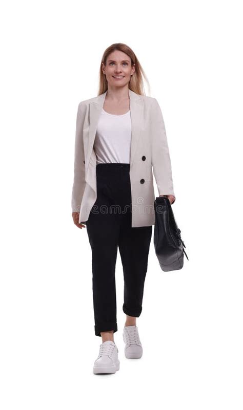 Beautiful Happy Businesswoman With Briefcase Walking On White